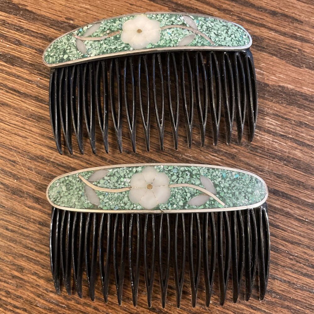Vintage Beautiful Green Stone & Mother of Pearl Floral Inlay Hair Combs Set of 2